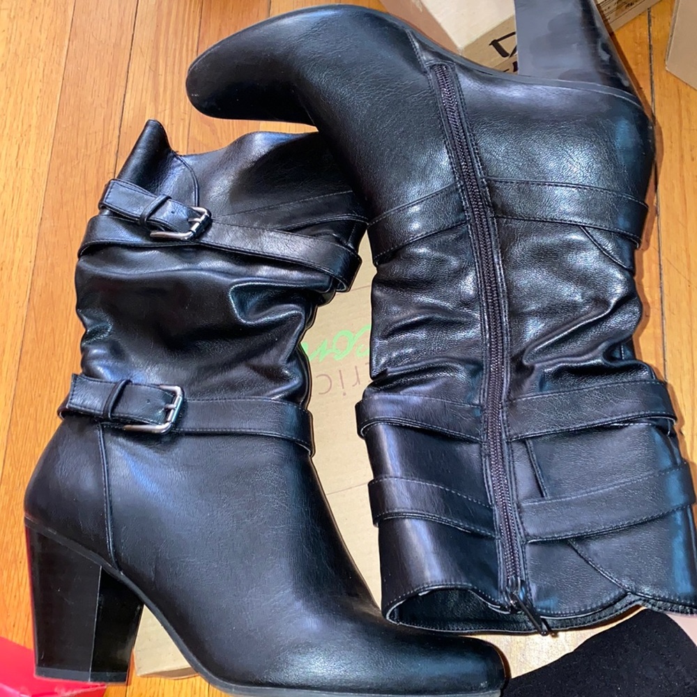 Black leather heel boots